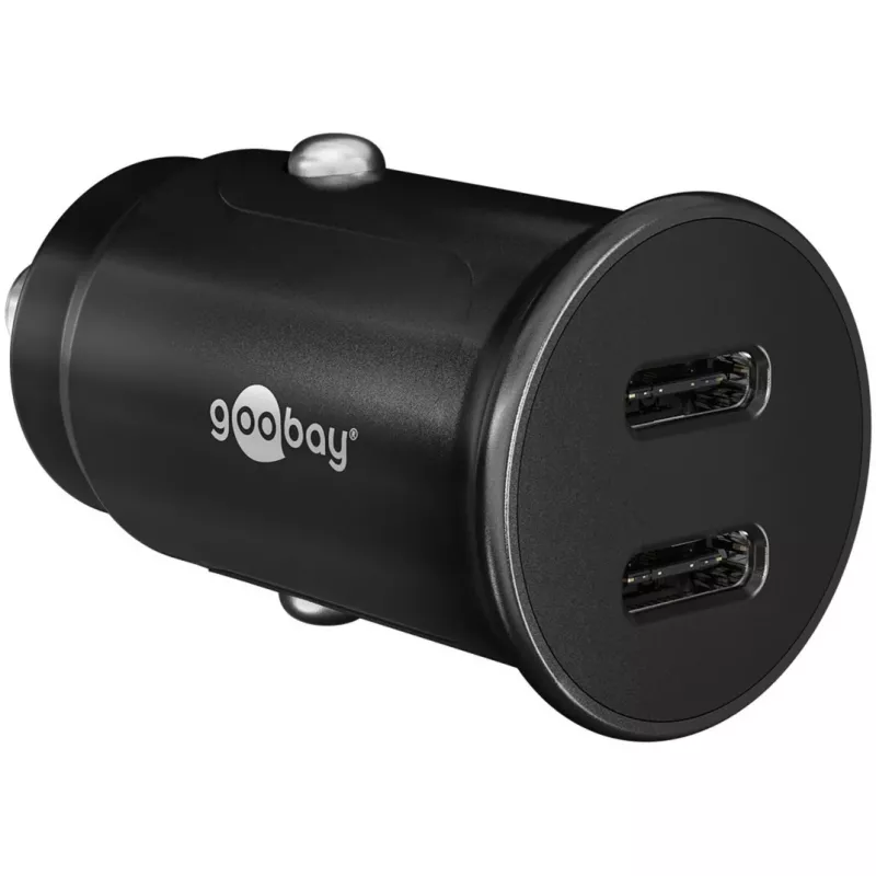 GOOBAY Dvigubas USB-C PD automobilinis greitasis įkroviklis (Power Delivery), juodas – 30 W (12/24 V), tinkamas įrenginiams su USB-C