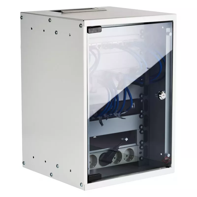 EFB 10-Inch sieninis spintos korpusas 9U 300mm gylio šviesiai pilkas (RAL 7035) su apsauginiu stiklo durimis