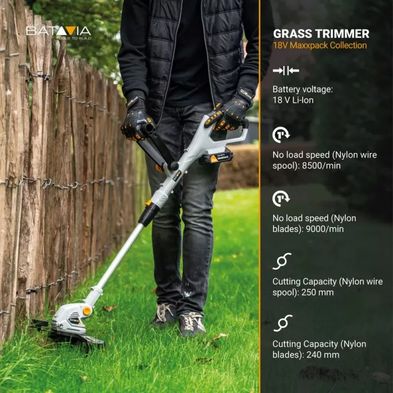 BATAVIA 18V belaidis žoliapjovės pjūklas 250 mm 2-in-1 su špagatu ir peiliukais
