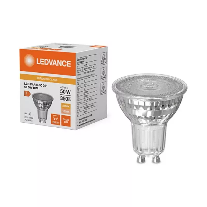 Osram PAR16 50 4.5W 827 GU10 LED atspindžio lempa, 350 lm, 1800-2700 K, Dim-to-Warm, reguliuojamo šviesumo