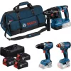 BOSCH Professional 18V kombinuotas rinkinys: sraigtinis plaktukas GBH 18V-22 + gręžtuvas-sraigtasukis GSR 18V-65 + smūginis veržliasukis GDX 18V-285 (3x 5.0 Ah Li-Ion akumuliatoriai, dėklas)