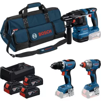 BOSCH Professional 18V kombinuotas rinkinys: sraigtinis plaktukas GBH 18V-22 + gręžtuvas-sraigtasukis GSR 18V-65 + smūginis veržliasukis GDX 18V-285 (3x 5.0 Ah Li-Ion akumuliatoriai, dėklas)