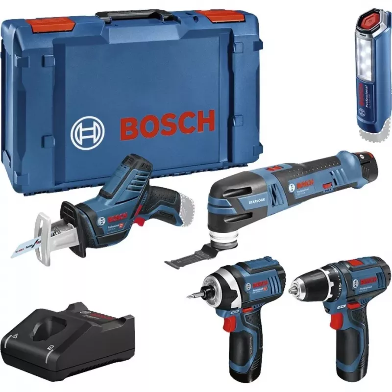 „Bosch Power Tools“ 12V 5 dalių įrankių rinkinys GOP + GSR + GDR + GSA + GLI (mėlynas, 3x Li-Ion 2.0 Ah baterija)