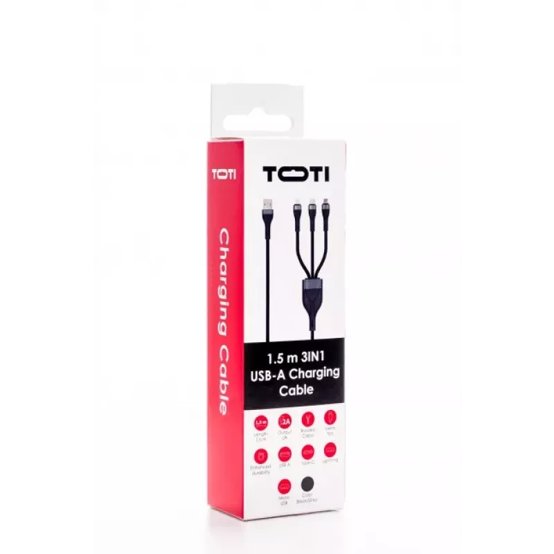 SEEK TOTI USB A į Micro USB / USB-C / Lightning 1,5m Pintas Laidas 2A (ne MFI) Juodas