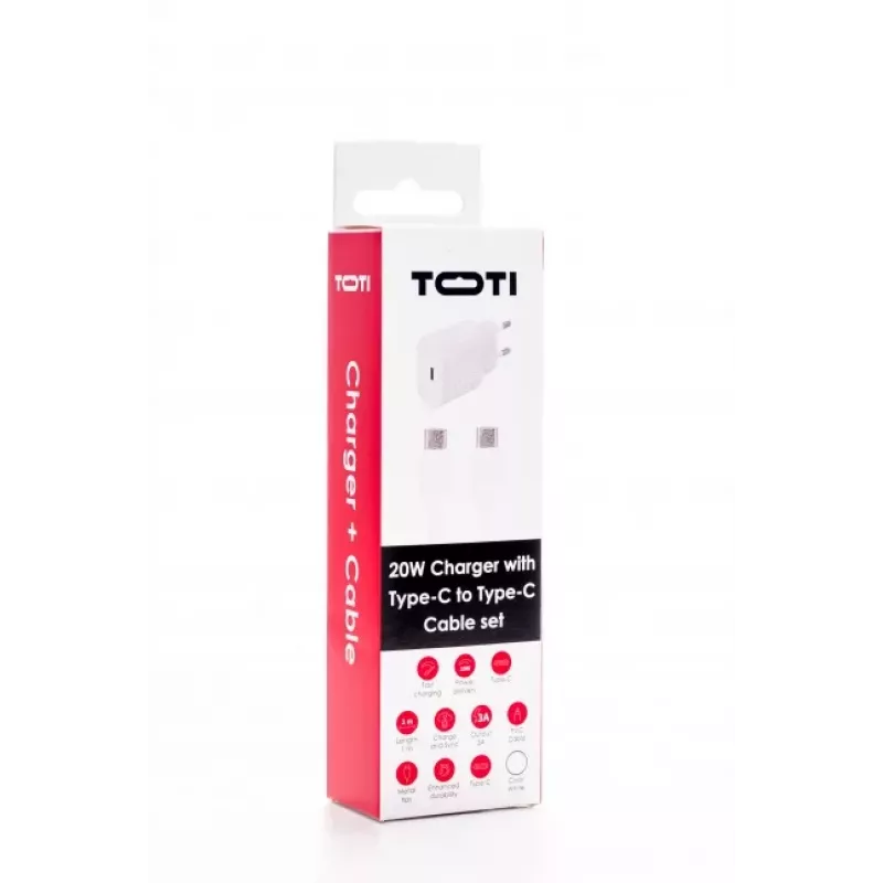 SEEK TOTI 20W Type-C PD sieninis greitasis įkroviklis su Type-C į Type-C 1 m PVC duomenų kabeliu, 3A, baltas