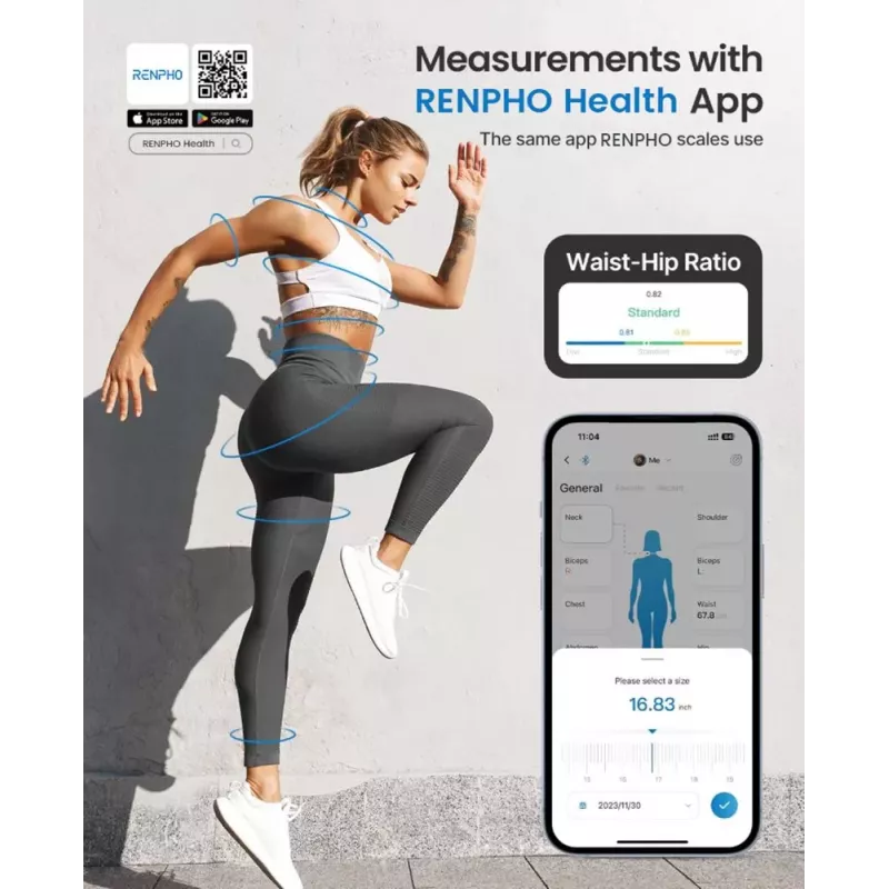 RENPHO išmanioji matavimo juosta su Bluetooth - kūno matavimo juosta KMI, juosmeniui, klubams, rankoms, kojoms, krūtinei - automatinė atitraukiama, LCD ekranas, suderinama su Renpho Health programa, Apple Health, Google Fit, Samsung Health - juoda