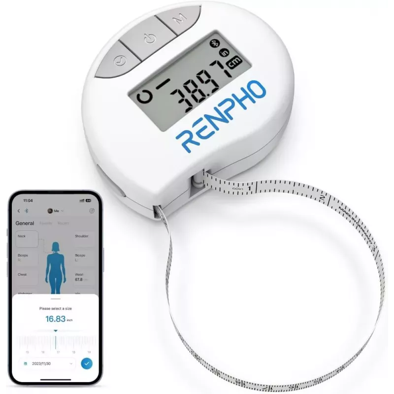 RENPHO išmanioji matavimo juosta su Bluetooth - kūno matavimo juosta KMI, juosmeniui, klubams, rankoms, kojoms, krūtinei - automatinė atitraukiama, LCD ekranas, suderinama su Renpho Health programa, Apple Health, Google Fit, Samsung Health - juoda
