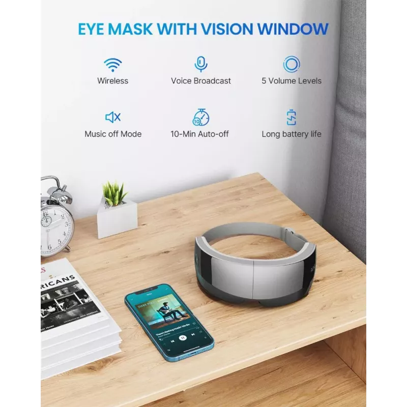 RENPHO Eyeris View Eye Massager su šiluma, oro kompresija, vibracija, Bluetooth, USB-C, sulankstomas, pilkas