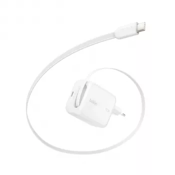 Belkin BOOST CHARGE Pro 67W Dual GaN Wall Charger su įtraukiamu USB-C kabeliu, baltas