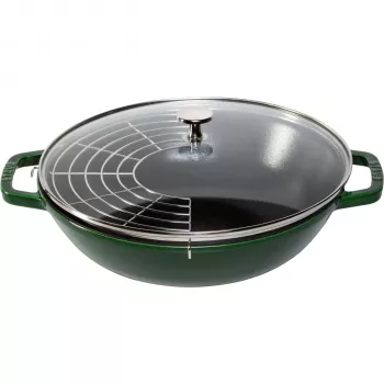 STAUB Wok 30 cm su dangčiu, ketaus, baziliko žalios spalvos