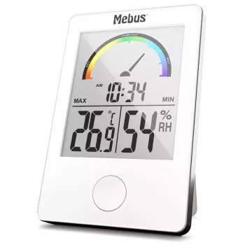 MEBUS 11130 termo-higrometras, baltas – skaitmeninis temperatūros ir drėgmės stebėjimo prietaisas su LCD ekranu