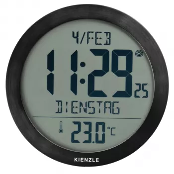 KIENZLE DCF radijo bangomis valdomas sieninis laikrodis su kambario temperatūros rodmeniu, juodas