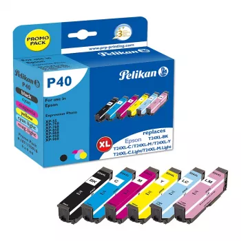 Pelikan P40 suderinamų rašalo kasečių rinkinys 6 vnt., skirtas Epson Expression Photo XP-55/XP-750/XP-760/XP-850/XP-950/XP-960 (juoda, žydra, šviesiai žydra, šviesiai purpurinė, purpurinė, geltona)