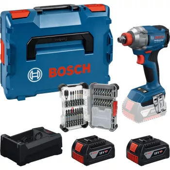 BOSCH PowerTools belaidis smūginis veržliasukis GDX 18V 285 Nm su 2 akumuliatoriais 5,0 Ah ir 31 dalies antgalių rinkiniu L-BOXX dėkle
