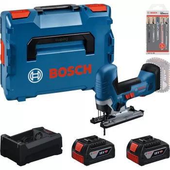 BOSCH PowerTools belaidis pjūklelių rinkinys su 2 akumuliatoriais 5,0 Ah, greituoju įkrovikliu ir pjūklelių ašmenų rinkiniu L-BOXX dėkle