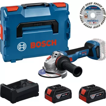 BOSCH Professional belaidis kampinis šlifuoklis su pjovimo disku 125mm, komplektas 18V 2x5.0Ah L-BOXX dėkle