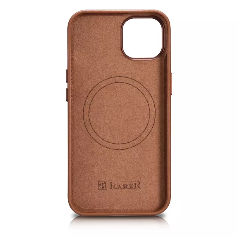 iCarer Case Leather odinis dėklas, skirtas iPhone 14 Plus, ruda spalva (suderinamas su MagSafe)