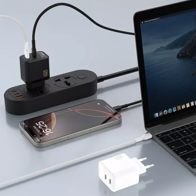 Dudao A28PCEU 45W GaN sieninis įkroviklis su 2x USB-C ir 1 m USB-C laidu – juoda