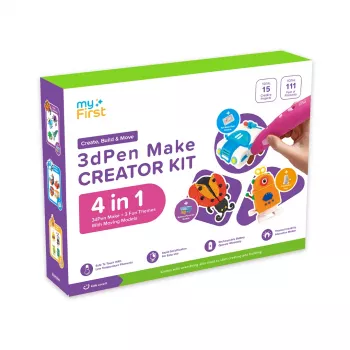 myFirst 3dPen Make Creator Kit – 3D piešimo rašiklio rinkinys su 3 teminiais trafaretais, 3 judamais modelių šablonais ir PCL gijomis (raudona)