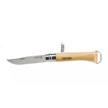 Opinel Kišeninis Peilis Nr. 10 su Kamščiatraukiu - Sandvik 12C27 Nerūdijančio Plieno Ašmenys, Bukmedžio Rankena, Virobloc Saugos Žiedas, Yatagan Ašmenys, 10 cm Ašmenys, 23 cm Atidarytas, 13 cm Uždarytas
