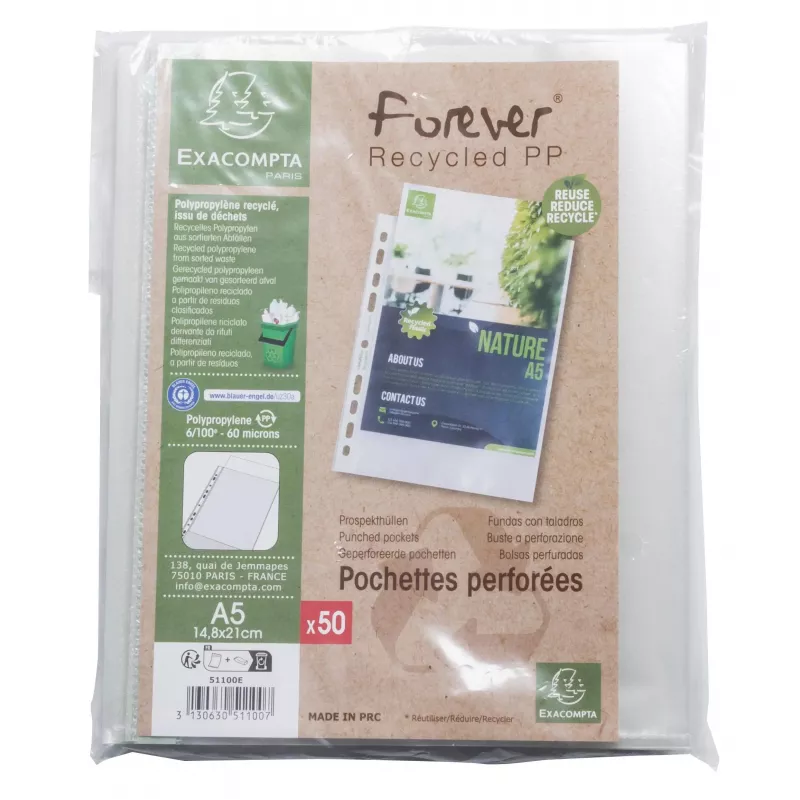 Exacompta Forever A5 perforuotos kišenės, 50 vnt., skaidrios, grūdėtos, 0,06 mm