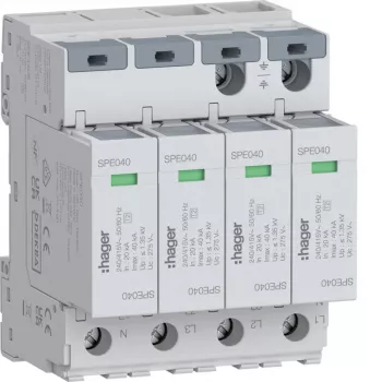 Hager Apsauginis įtaisas nuo viršįtampių 4P SPE440S 2 tipo TN-S Uc 275V In 20kA Imax 40kA