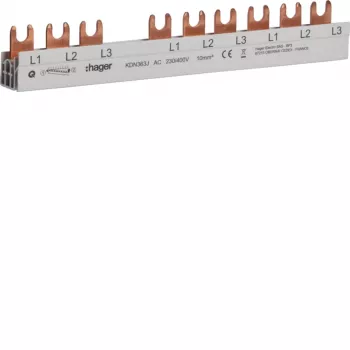 Hager KDN363J 3-Pole Phase Busbar with Fork Connection 10mm² 63A 10 Modules