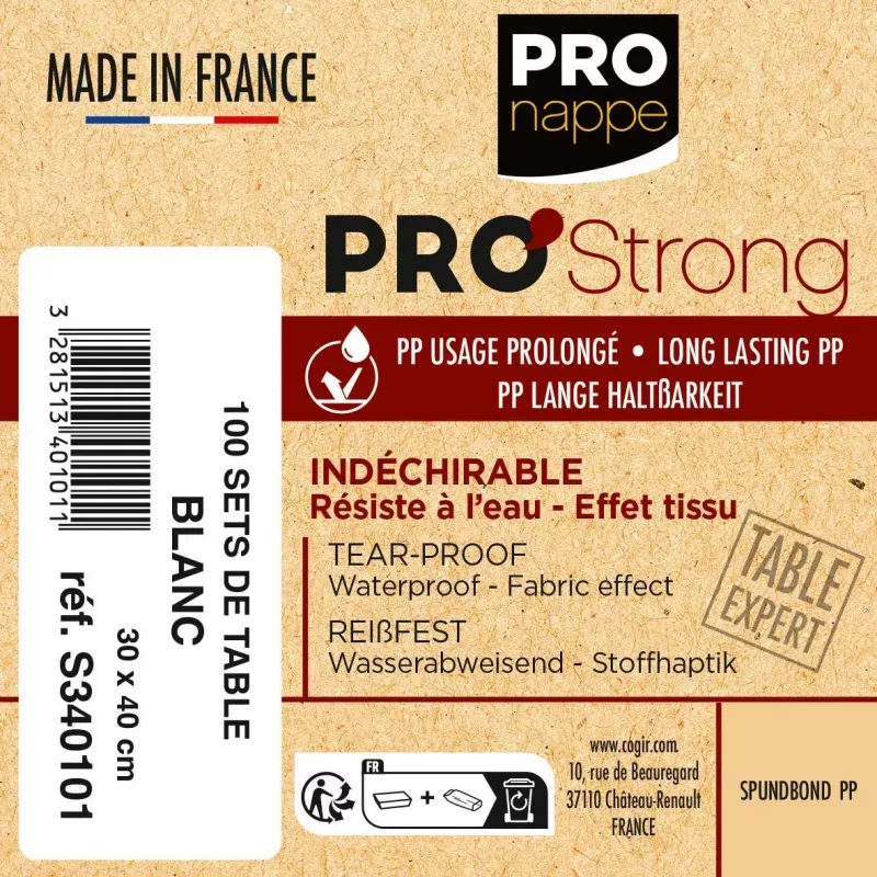 PROnappe Disposable Placemat Spunbond 400 x 300 mm White Spunbond PP Material 50 g/m²