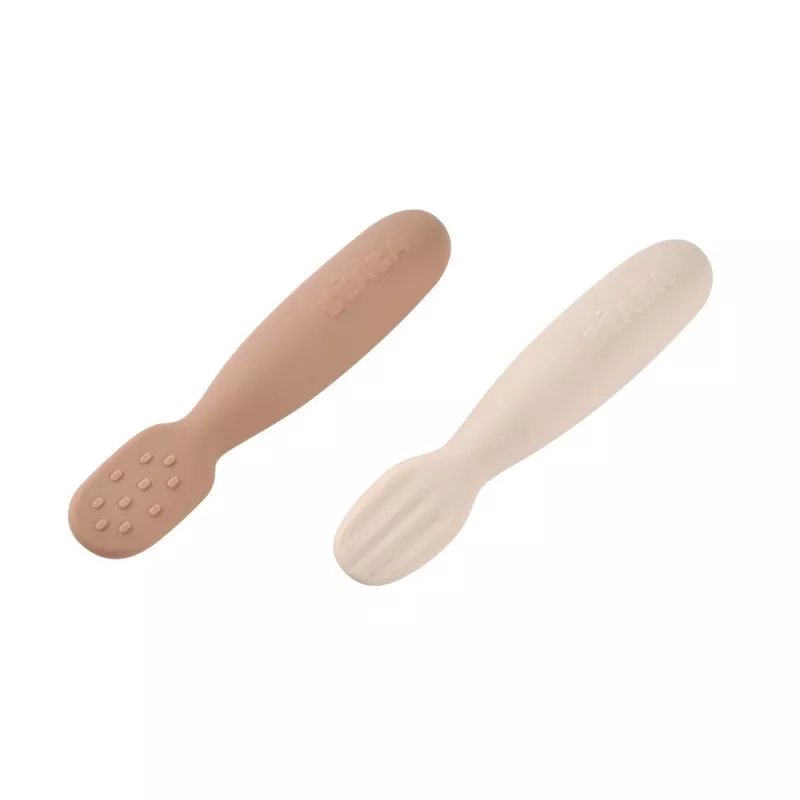Beaba 2 vienetų silikoniniai pirmieji šaukšteliai-dantukų dildymo priemonės Praline/Clay