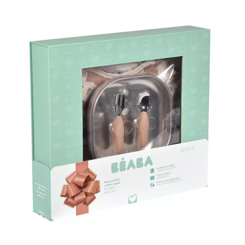 Beaba First Meals 3-in-1 dovanų rinkinys (lėkštė, stalo įrankių rinkinys, seilinukas) Savannah Bloom