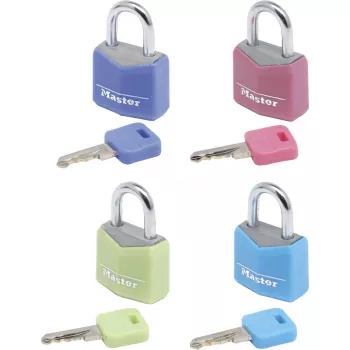 Master Lock 9120EURQCOLNOP 20 mm tvirtas aliumininis spynų rinkinys su raktu 4 vnt. įvairių spalvų (mėlyna, žalia, rožinė, violetinė)