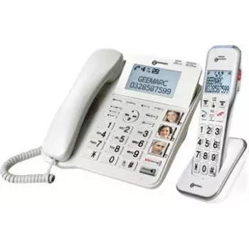 Geemarc DECT595 COMBI laidinis telefonas su sekretore, laisvų rankų režimu, optiniu skambučio signalizavimu, tinkamas klausos aparatams, įskaitant avarinį siųstuvą (DECT595_COMBI_WH_VDE)