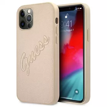 Guess Saffiano Vintage Script Hard Case, skirta Apple iPhone 12 Pro Max 6,7 inch – Gold