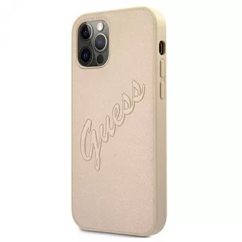 Guess Saffiano Vintage Script Hard Case, skirta Apple iPhone 12 Pro Max 6,7 inch – Gold