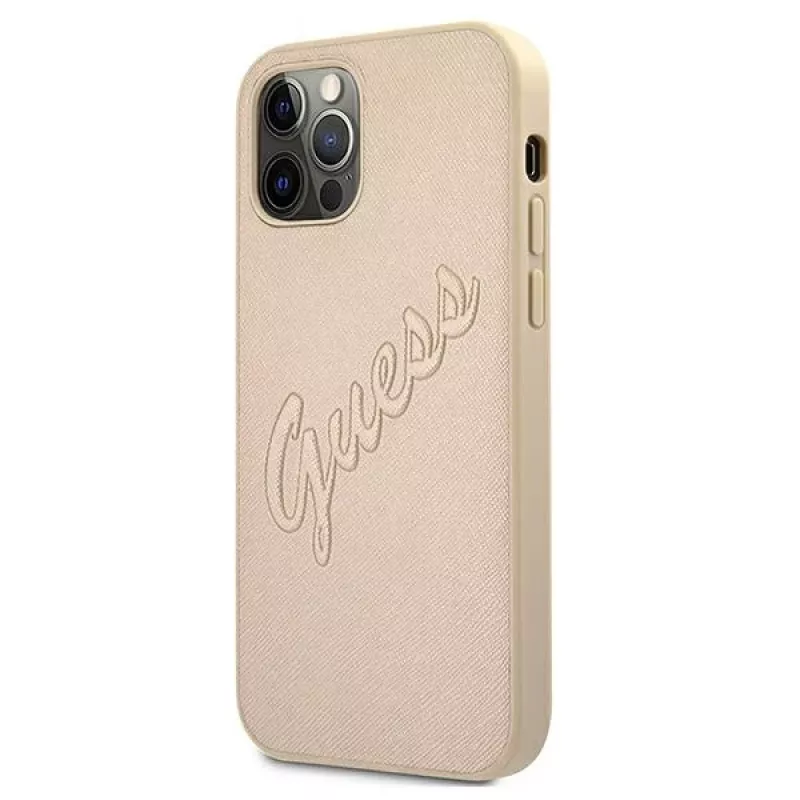 Guess Saffiano Vintage Script Hard Case, skirta Apple iPhone 12 Pro Max 6,7 inch – Gold