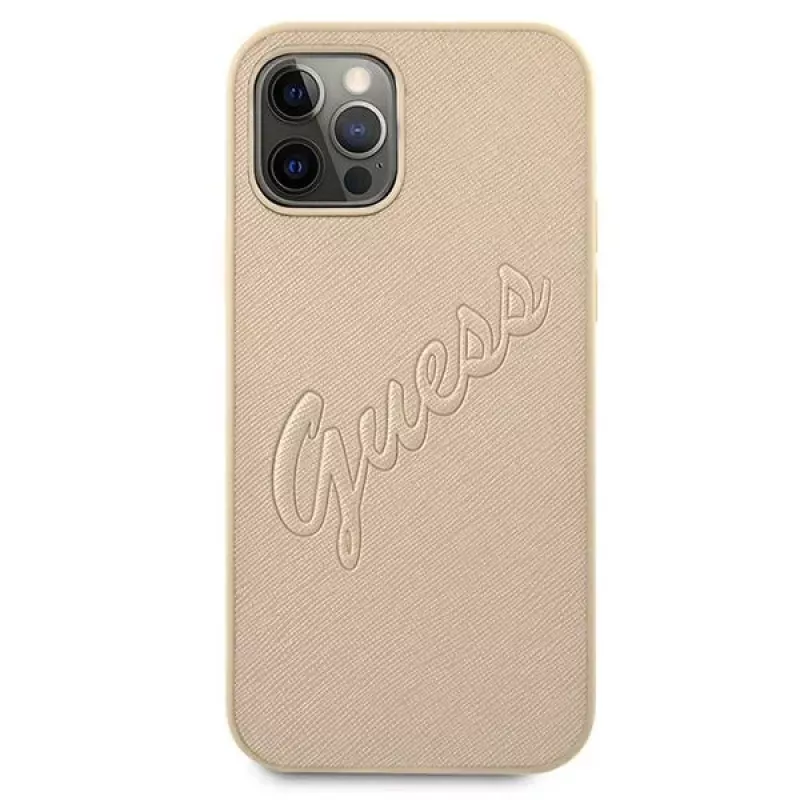 Guess Saffiano Vintage Script Hard Case, skirta Apple iPhone 12 Pro Max 6,7 inch – Gold