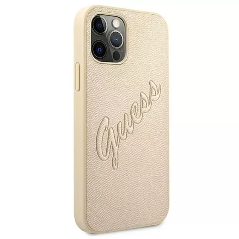 Guess Saffiano Vintage Script Hard Case, skirta Apple iPhone 12 Pro Max 6,7 inch – Gold