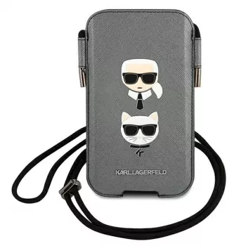 Karl Lagerfeld Ikonik Hardcase, skirta Apple iPhone 12 Pro Max, pilka Saffiano PU, Karl & Choupette Head dizainas