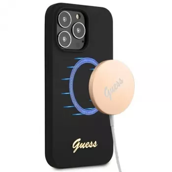 Guess GUHMP13XLSLMGBK Silikoninis kietas dėklas, skirtas Apple iPhone 13 Pro Max 6,7 inch juodas su auksiniu logotipu MagSafe
