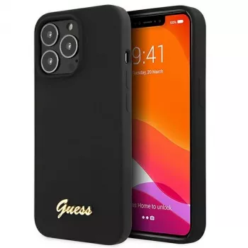 Guess GUHMP13XLSLMGBK Silikoninis kietas dėklas, skirtas Apple iPhone 13 Pro Max 6,7 inch juodas su auksiniu logotipu MagSafe