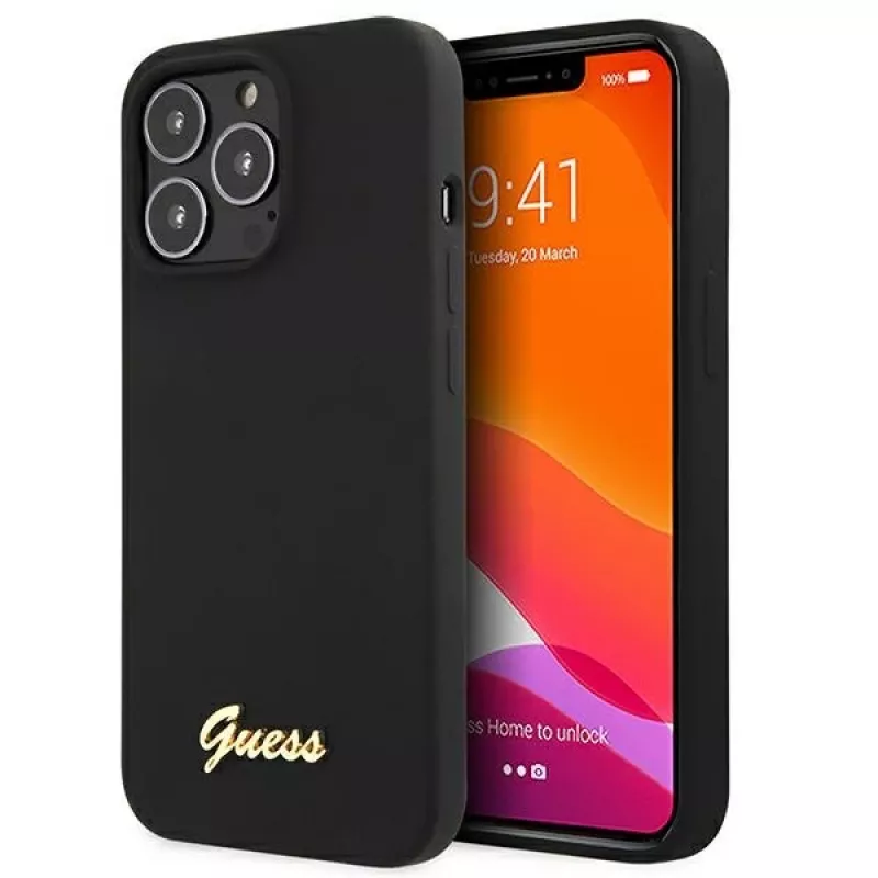 Guess GUHMP13XLSLMGBK Silikoninis kietas dėklas, skirtas Apple iPhone 13 Pro Max 6,7 inch juodas su auksiniu logotipu MagSafe
