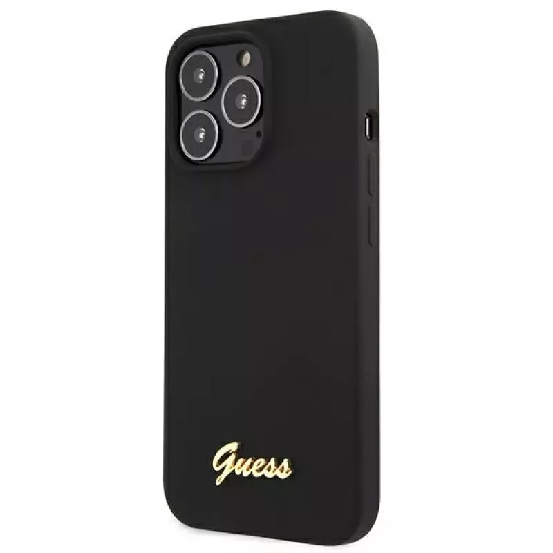 Guess GUHMP13XLSLMGBK Silikoninis kietas dėklas, skirtas Apple iPhone 13 Pro Max 6,7 inch juodas su auksiniu logotipu MagSafe