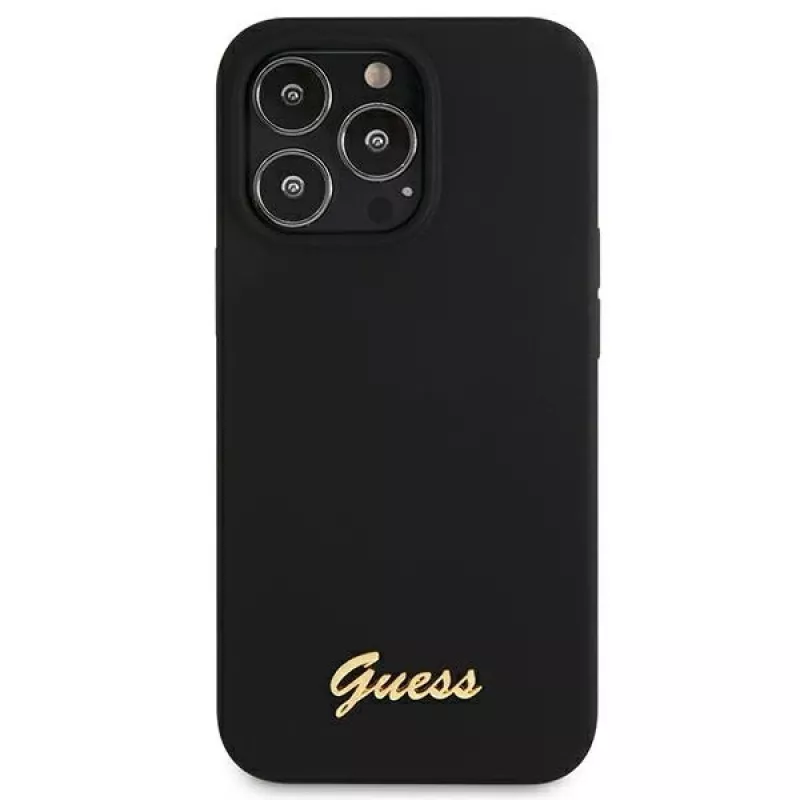 Guess GUHMP13XLSLMGBK Silikoninis kietas dėklas, skirtas Apple iPhone 13 Pro Max 6,7 inch juodas su auksiniu logotipu MagSafe
