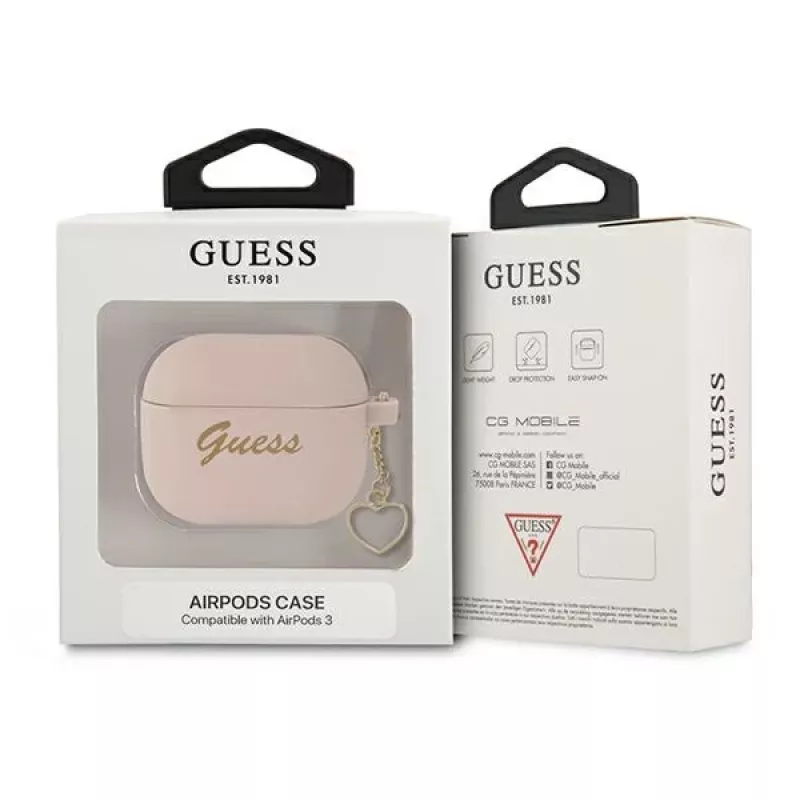 Guess GUA3LSCHSP silikoninis Heart Collection dėklas su pakabuku Apple AirPods 3rd Generation ausinėms - rožinis
