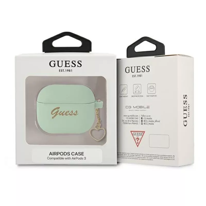 Guess GUA3LSCHSN AirPods 3 dangtelis, žalias silikonas, Charm Heart Collection