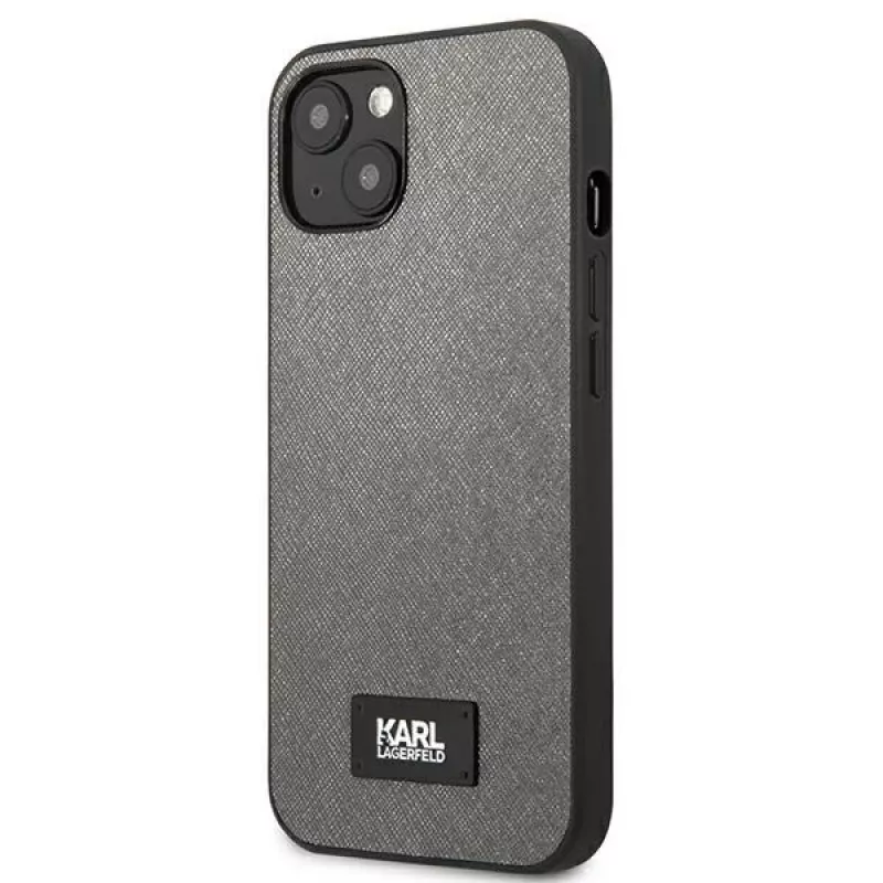 Karl Lagerfeld Saffiano Plaque Hard Case, skirta Apple iPhone 13 Mini 5,4 colio, sidabrinė