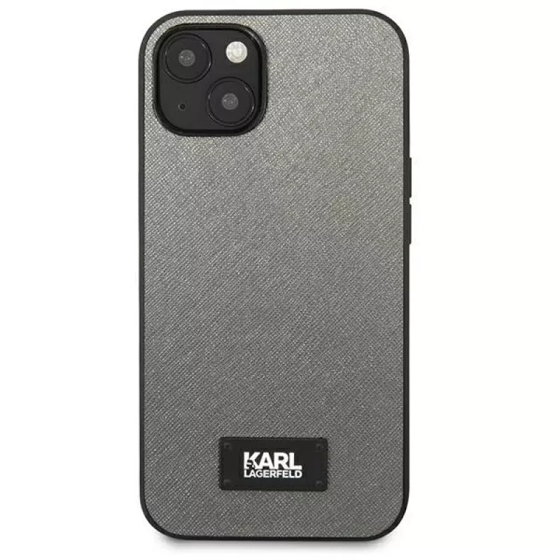 Karl Lagerfeld Saffiano Plaque Hard Case, skirta Apple iPhone 13 Mini 5,4 colio, sidabrinė