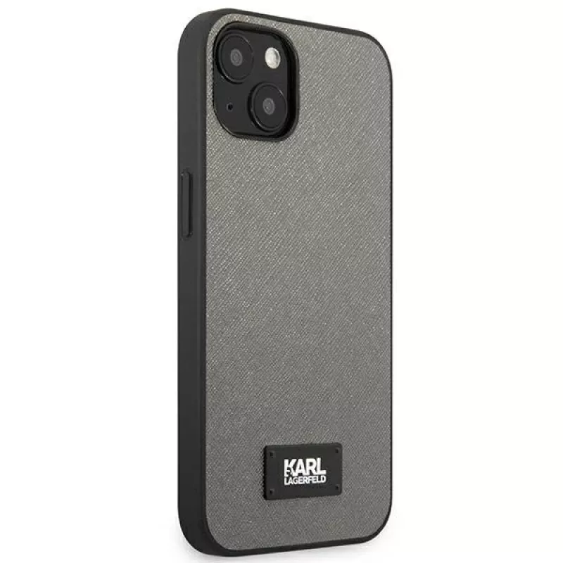 Karl Lagerfeld Saffiano Plaque Hard Case, skirta Apple iPhone 13 Mini 5,4 colio, sidabrinė