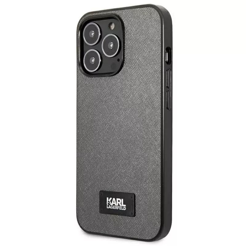 Karl Lagerfeld KLHCP13LSFMP2DG Saffiano Plaque Hard Case, skirta iPhone 13 Pro / 13 6,1 inch - sidabrinė