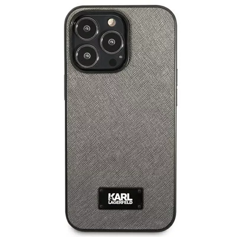 Karl Lagerfeld KLHCP13LSFMP2DG Saffiano Plaque Hard Case, skirta iPhone 13 Pro / 13 6,1 inch - sidabrinė